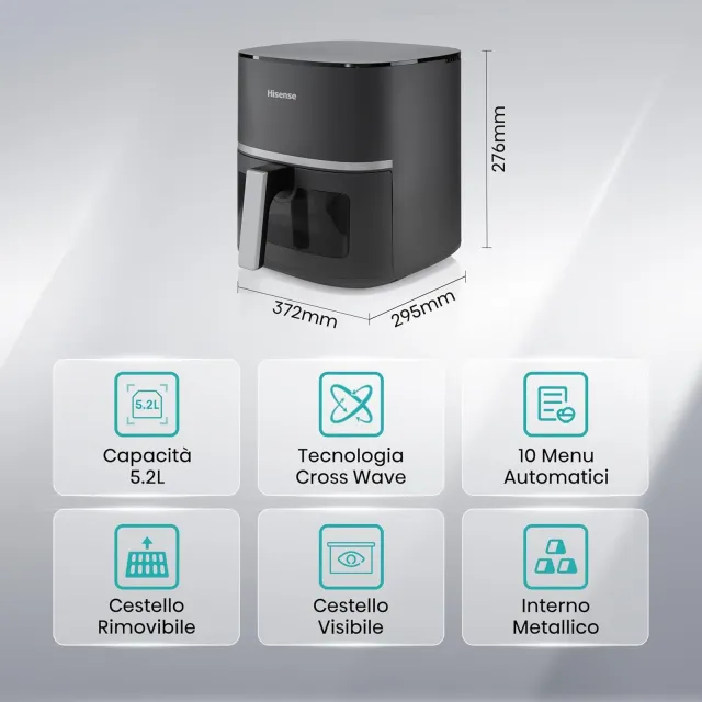 Hisense Friggitrice ad aria HAF1600D 10 programmi automatici, temperatura 40-200°C, 5,2L, potenza ma