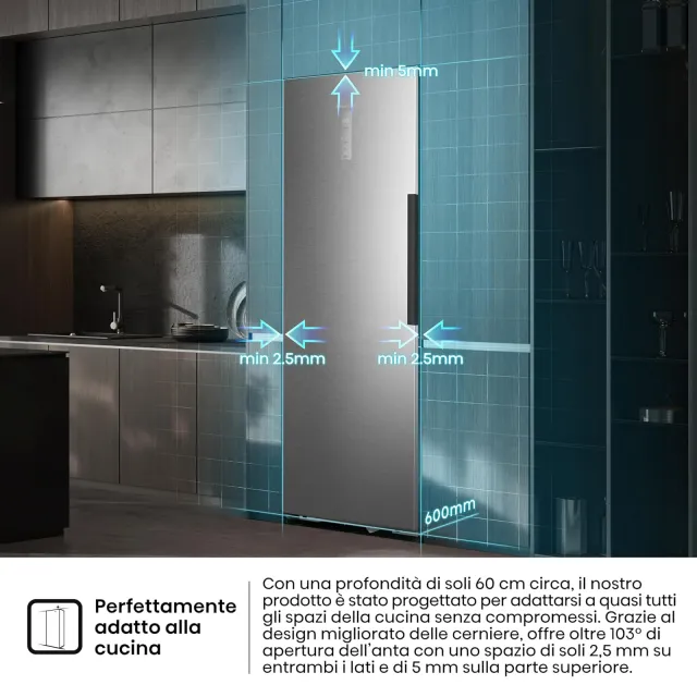 Hisense Congelatore FT3K310SEIE Freezer Verticale Multi Air Flow, Total No Frost, Inox, 185.6 x 59.5