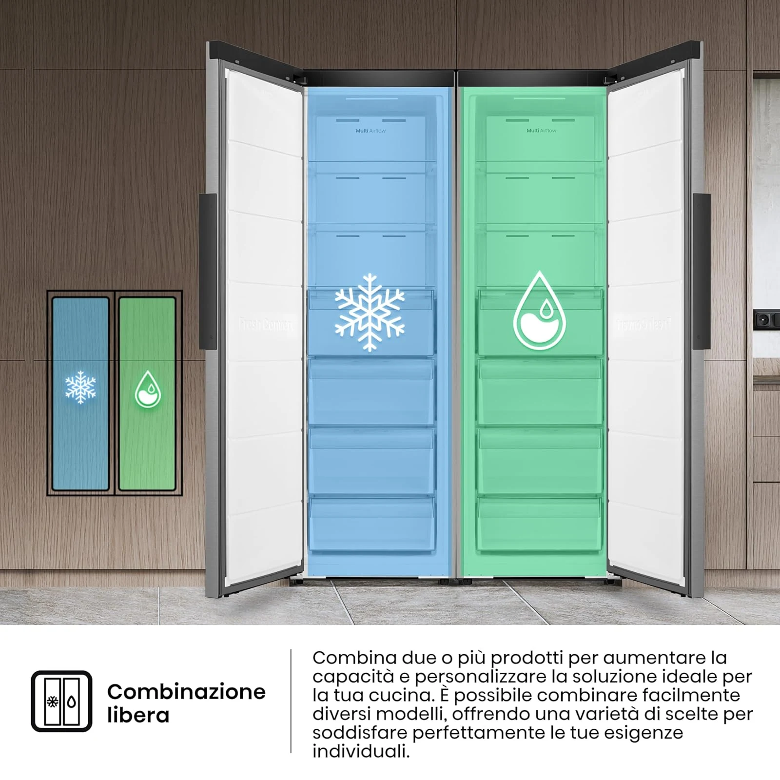 Hisense Congelatore FT3K310SEIE Freezer Verticale Multi Air Flow, Total No Frost, Inox, 185.6 x 59.5