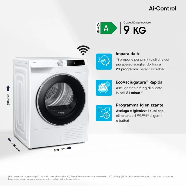 Samsung Asciugatrice DV90DG6845LE/U3 9 Asciugatrice AI Control DV90DG6845LE/U3, 9 kg, Pompa di Calor