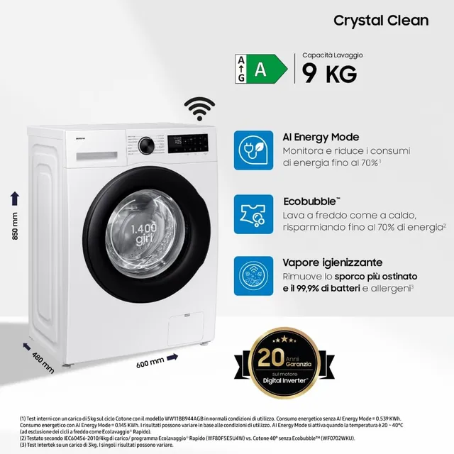 Samsung Lavatrice slim WW90DG5G34AEET Lavatrice Slim Crystal Clean Libera installazione, 9 Kg, Wifi,