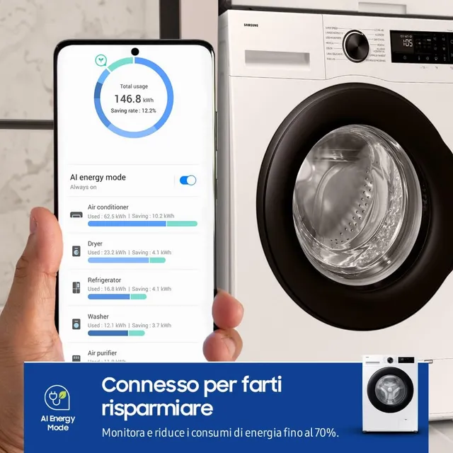 Samsung Lavatrice slim WW90DG5G34AEET Lavatrice Slim Crystal Clean Libera installazione, 9 Kg, Wifi,