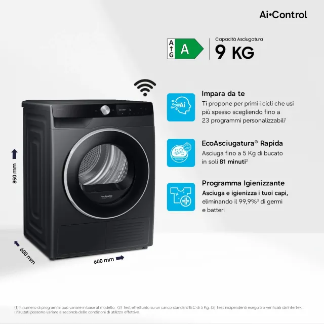 Samsung Asciugatrice incasso DV90DG6845LB/U3 9 Asciugatrice AI Control DV90DG6845LB/U3, 9 kg, Pompa 