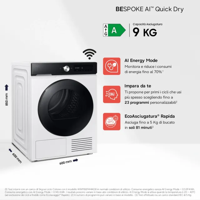 Samsung Asciugatrice DV90DB7845GE/U3 9 Asciugatrice Bespoke AI DV90DB7845GE/U3, 9 kg, Pompa di Calor