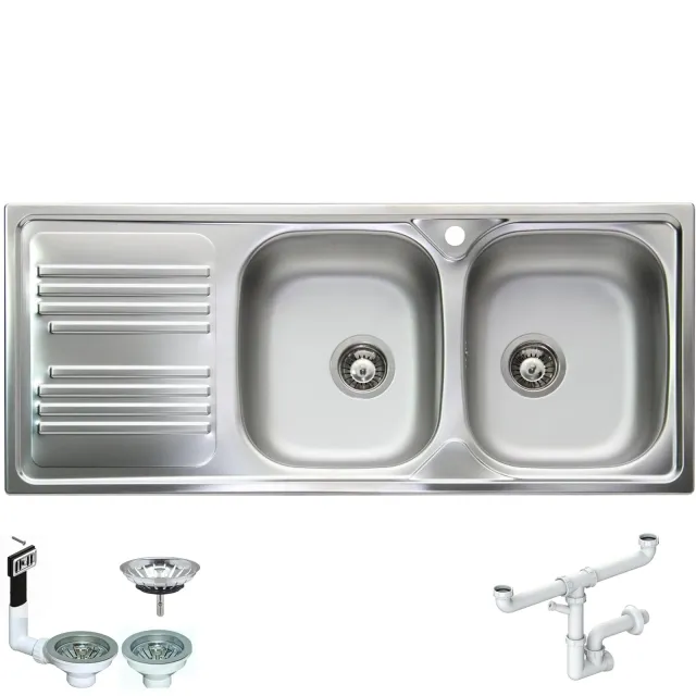 Lavello TM1162ILPC da incasso 2 vasche con gocciolatoio sinistro | Acciaio Inox Prelucido | 116x50 cm | Foro Scarico 3,5” | Lavello Cucina Resistente, Igienico e Facile da Pulire