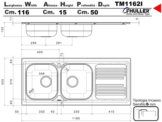 Lavello Lavello TM1162ILPC da incasso 2 vasche con gocciolatoio sinistro | Acciaio Inox Prelucido | 