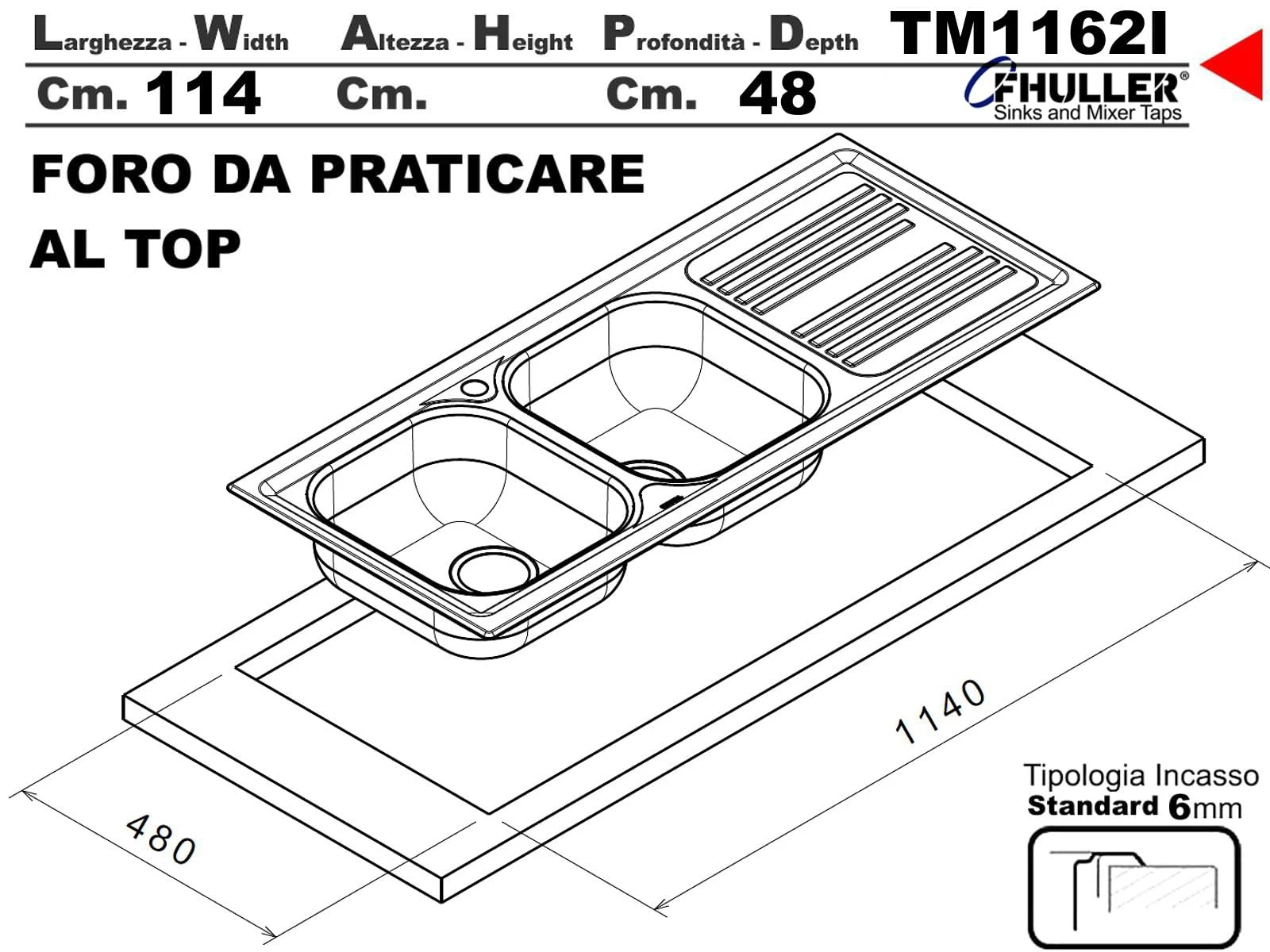 Lavello Lavello TM1162ILPC da incasso 2 vasche con gocciolatoio sinistro | Acciaio Inox Prelucido | 