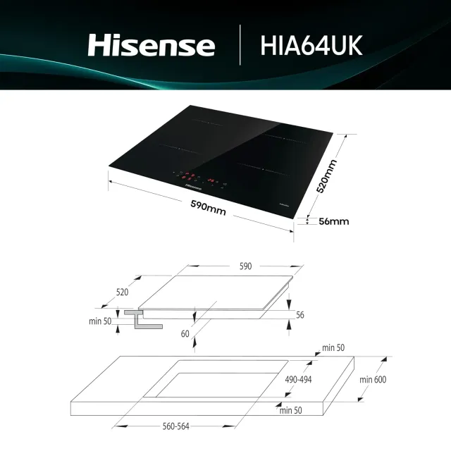 Hisense Piano cottura con cappa integrata HIA64UK Piano Cottura a Induzione, larghezza 59 cm, 4 Zone