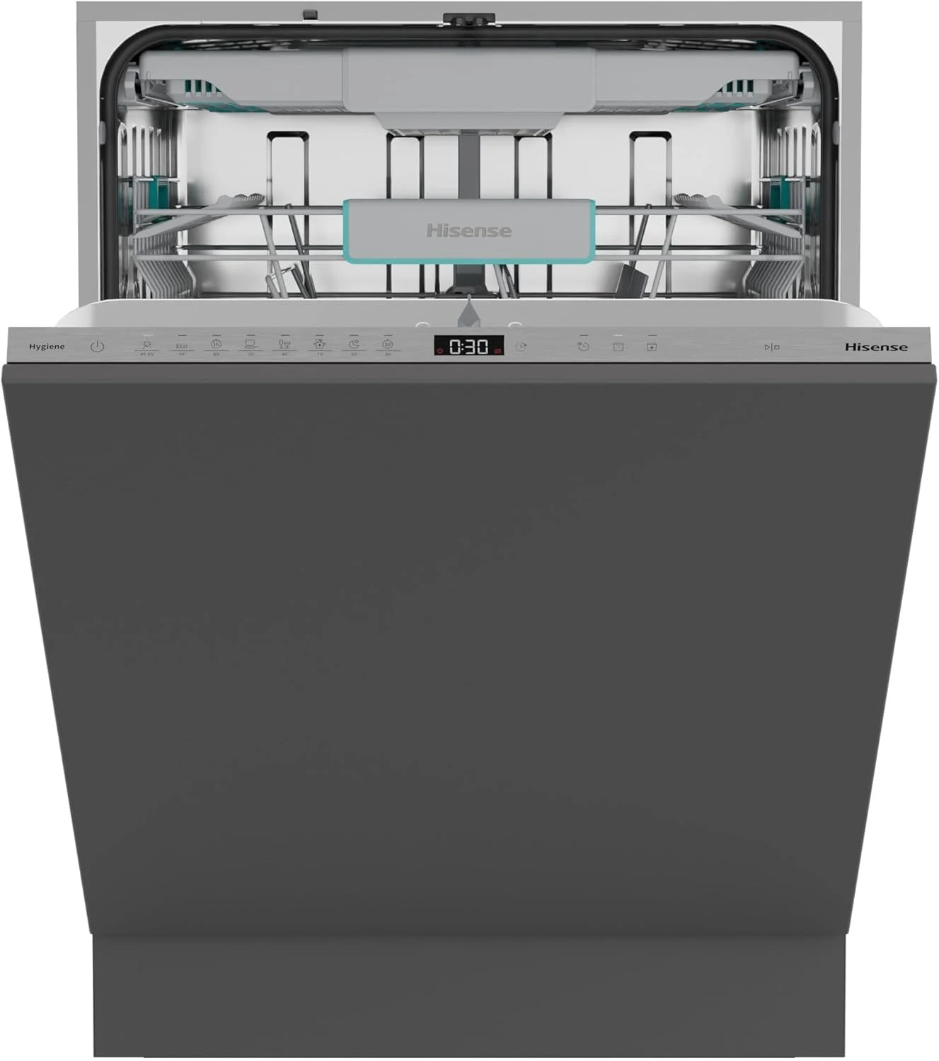 Hisense Lavastoviglie incasso compatta HV16A Lavastoviglie da Incasso, 16 Coperti, Terzo Cesto Flessibile, 8 Programmi, Motore Inverter Silenzioso, Intensive Clean Zone, Touch Control, 43 dB, Classe A