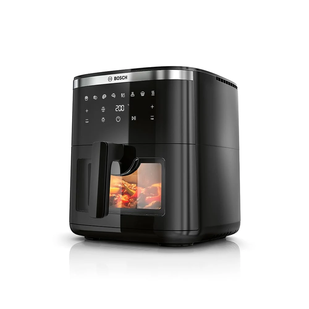 Bosch Friggitrice ad aria MAF671B0 Serie 6 Friggitrice ad Aria , Air Fryer XXL, Capacità 7,2 L, 7 Programmi Preimpostati, Finestra sul Cestello Illuminata, Cottura Fino al 65%* Più Veloce, Nero