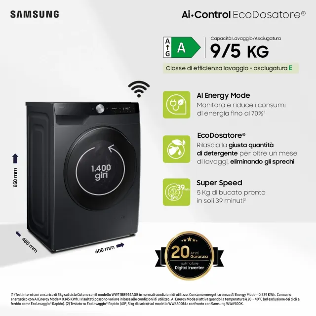 Samsung Lavasciuga carica alto WD90DG6G94BB Lavasciuga Slim AI Control EcoDosatore , 9+5 kg, Wifi, E