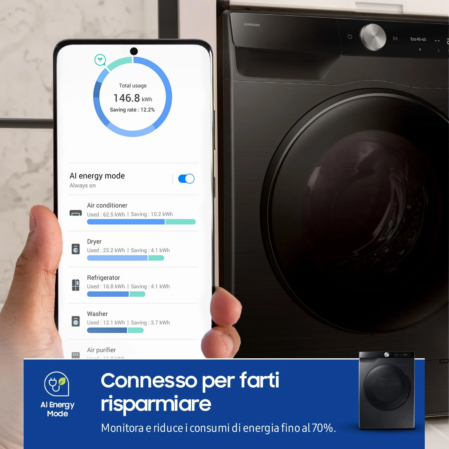 Samsung Lavasciuga carica alto WD90DG6G94BB Lavasciuga Slim AI Control EcoDosatore , 9+5 kg, Wifi, E