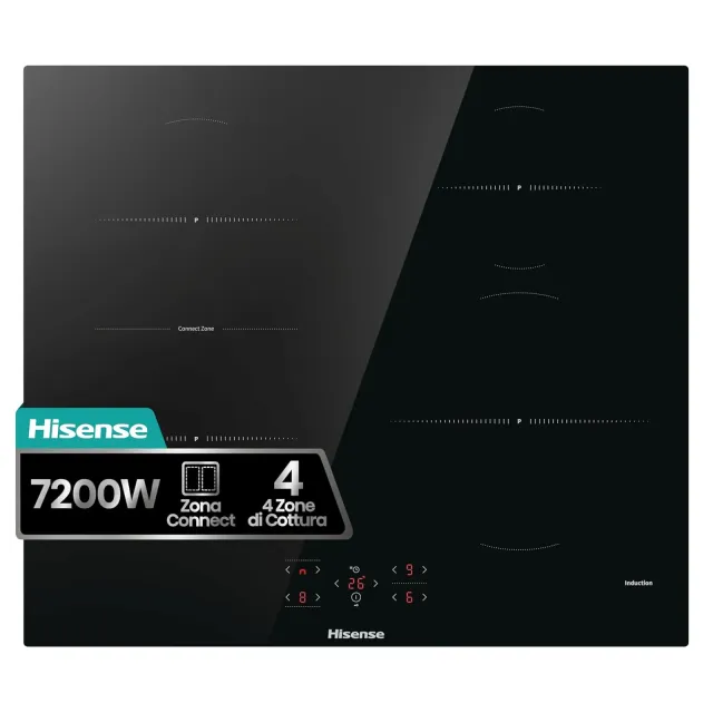 Hisense Piano cottura radiante HI621FM Piano Cottura a Induzione 60 cm, 4 Zone con Connect Zone, Power Boost, 7200W, Touch Control, Timer e Indicatore Calore Residuo, Vetroceramica Nero