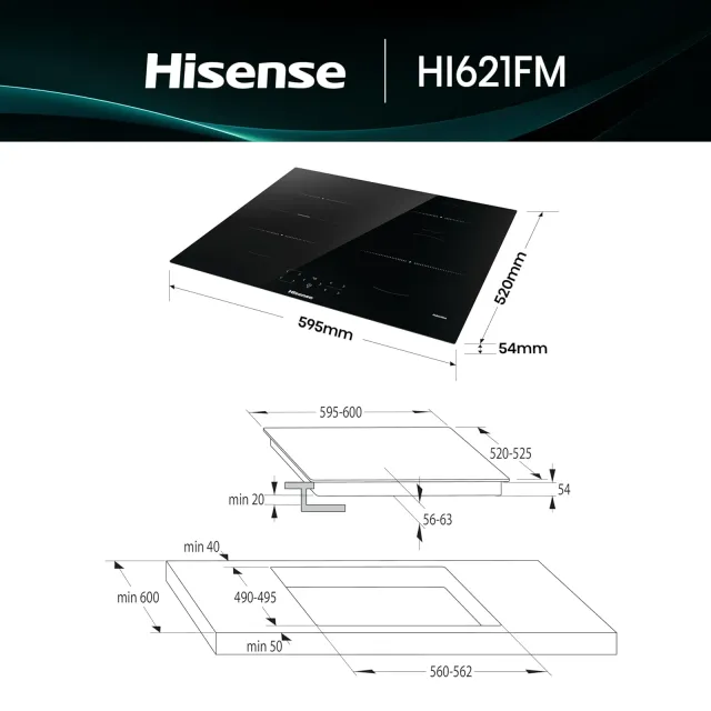 Hisense Piano cottura radiante HI621FM Piano Cottura a Induzione 60 cm, 4 Zone con Connect Zone, Pow