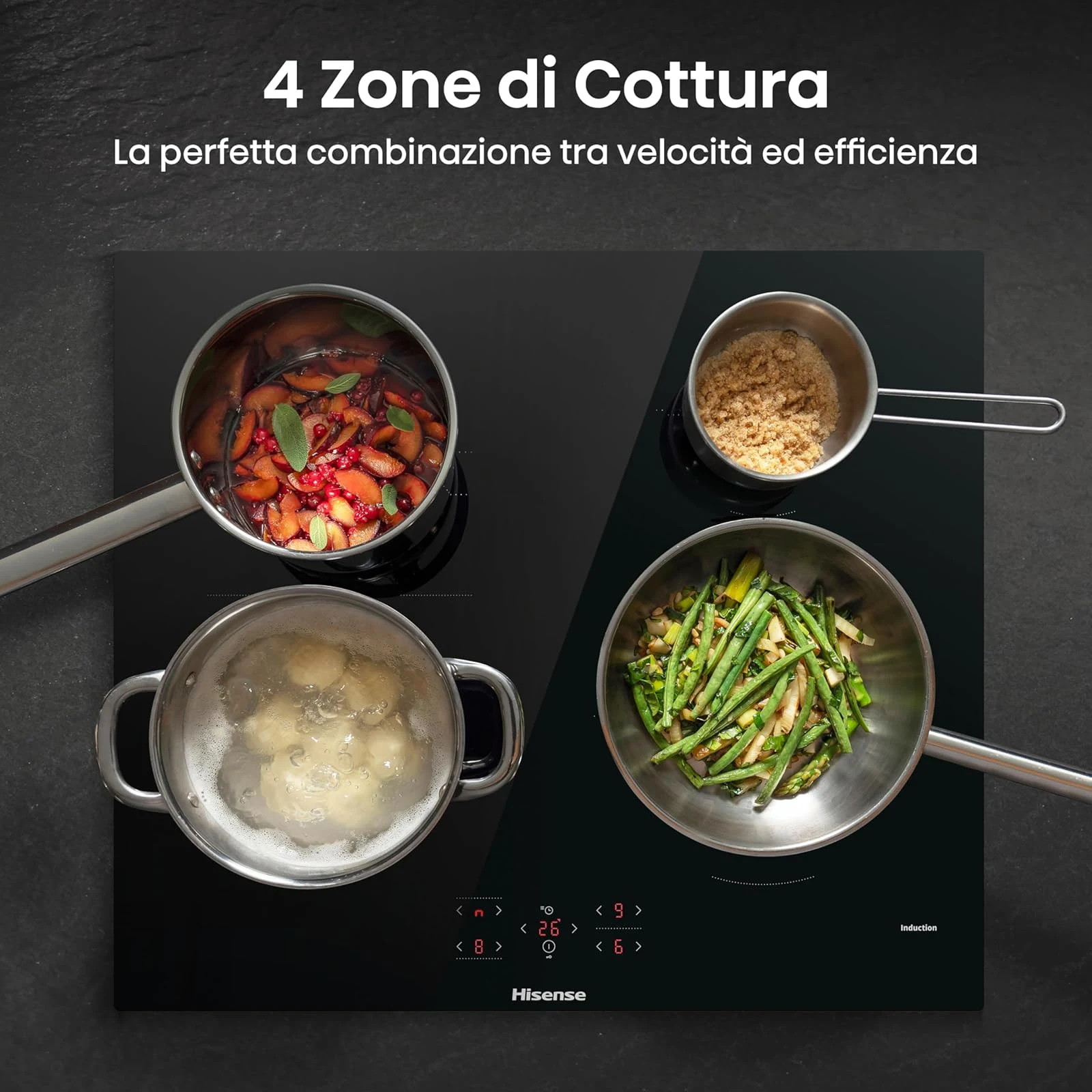 Hisense Piano cottura radiante HI621FM Piano Cottura a Induzione 60 cm, 4 Zone con Connect Zone, Pow