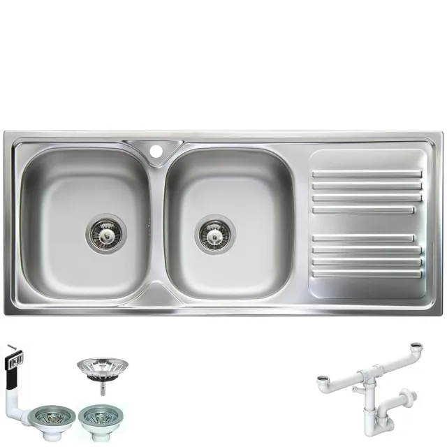 Lavello TM1162IRBC Fhuller Atmosfera Acciaio Prelucido 116X50 2 Vasche Sinistre e Gocciolatoio Destro, Foro Scarico 3,5” | Lavello Cucina Resistente, Igienico e Facile da Pulire