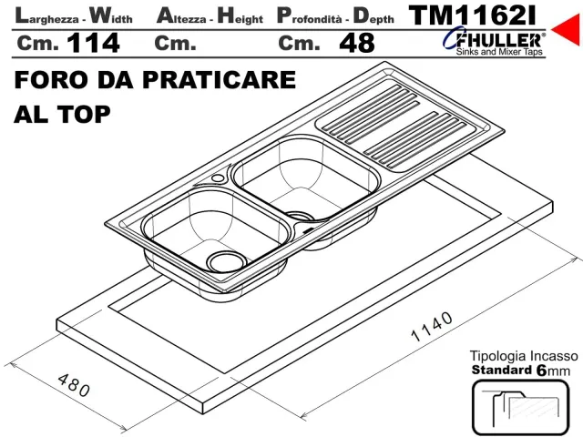 Lavello Lavello TM1162IRBC Fhuller Atmosfera Acciaio Prelucido 116X50 2 Vasche Sinistre e Gocciolato