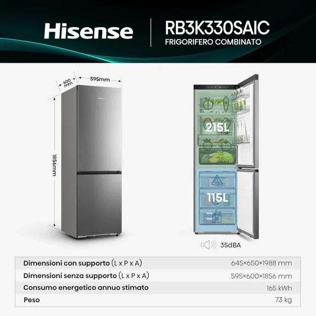 Hisense Frigorifero monoporta RB3K330SAIC Frigorifero Combinato Total No Frost, Capacità di 330 Litr