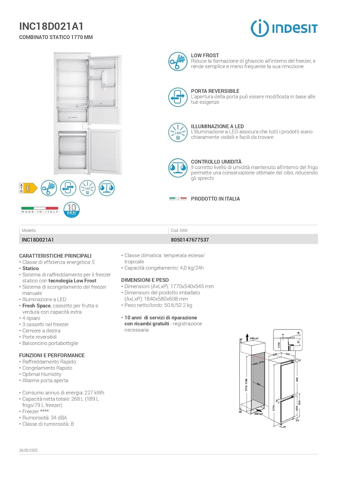 Indesit Frigorifero incasso sottobase INC18D021A1 Frigorifero Combinato, Statico, Tecnologia Low Fro