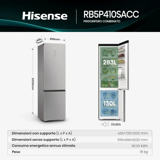 Hisense Frigorifero sottobase RB5P410SACC Frigorifero Combinato Total No Frost, Stainless Steel, 203