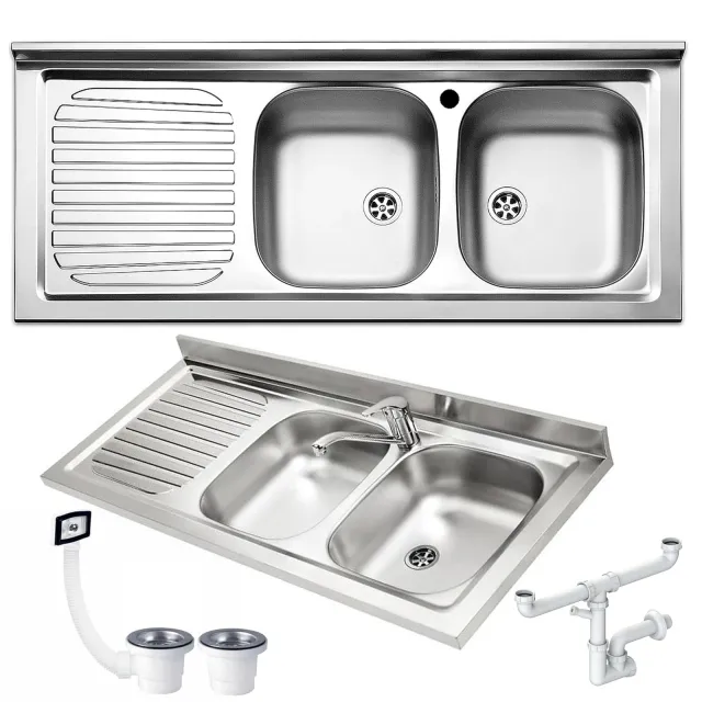 Lavello 120X50 FHULLER Monostampo Da Appoggio In Acciaio Inox AISI 304 Con Due Vasche a DESTRA e Gocciolatoio a SINISTRA Per Sottolavello da 120 Cucina Componibile Modello Pis