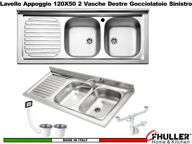 Lavello Lavello 120X50 FHULLER Monostampo Da Appoggio In Acciaio Inox AISI 304 Con Due Vasche a DEST
