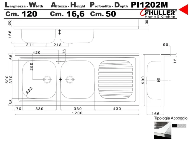 Lavello Lavello 120X50 FHULLER Monostampo Da Appoggio In Acciaio Inox AISI 304 Con Due Vasche a DEST