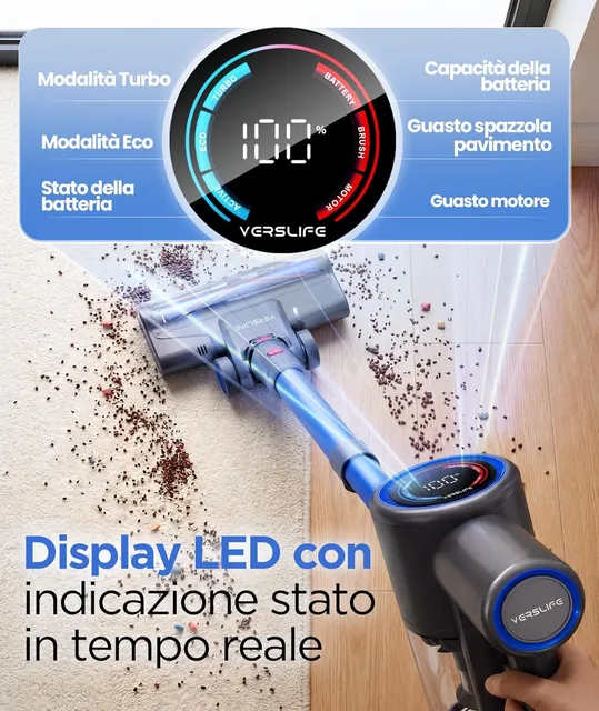 Vers Aspirapolvere cordless 40KPa VersLife Z8 Aspirapolvere Senza Fili , Scopa Elettrica Leggera con