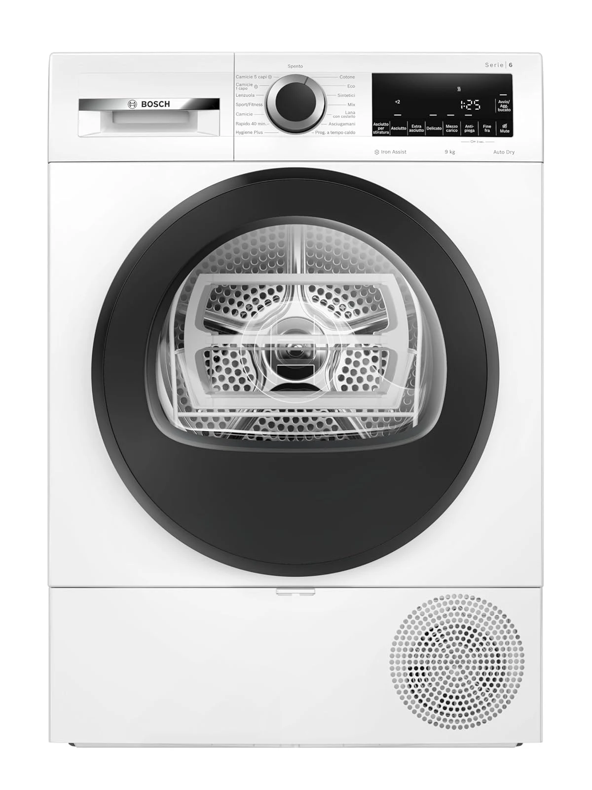 Bosch Asciugatrice incasso WQG243C0II Serie 6 Asciugatrice a pompa di calore, 9 kg, Classe energetica C, Sensori di asciugatura, Riduce le pieghe e facilita la stiratura, Cestello per capi in lana,
