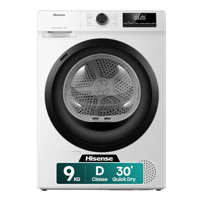 Hisense Asciugatrice DHQE900UWDC Asciugatrice A Pompa Di Calore, 9 Kg, D, Bianco, Big Display, 15 programmi, Refresh