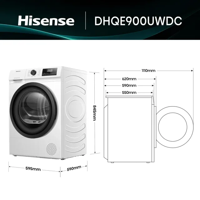 Hisense Asciugatrice DHQE900UWDC Asciugatrice A Pompa Di Calore, 9 Kg, D, Bianco, Big Display, 15 pr