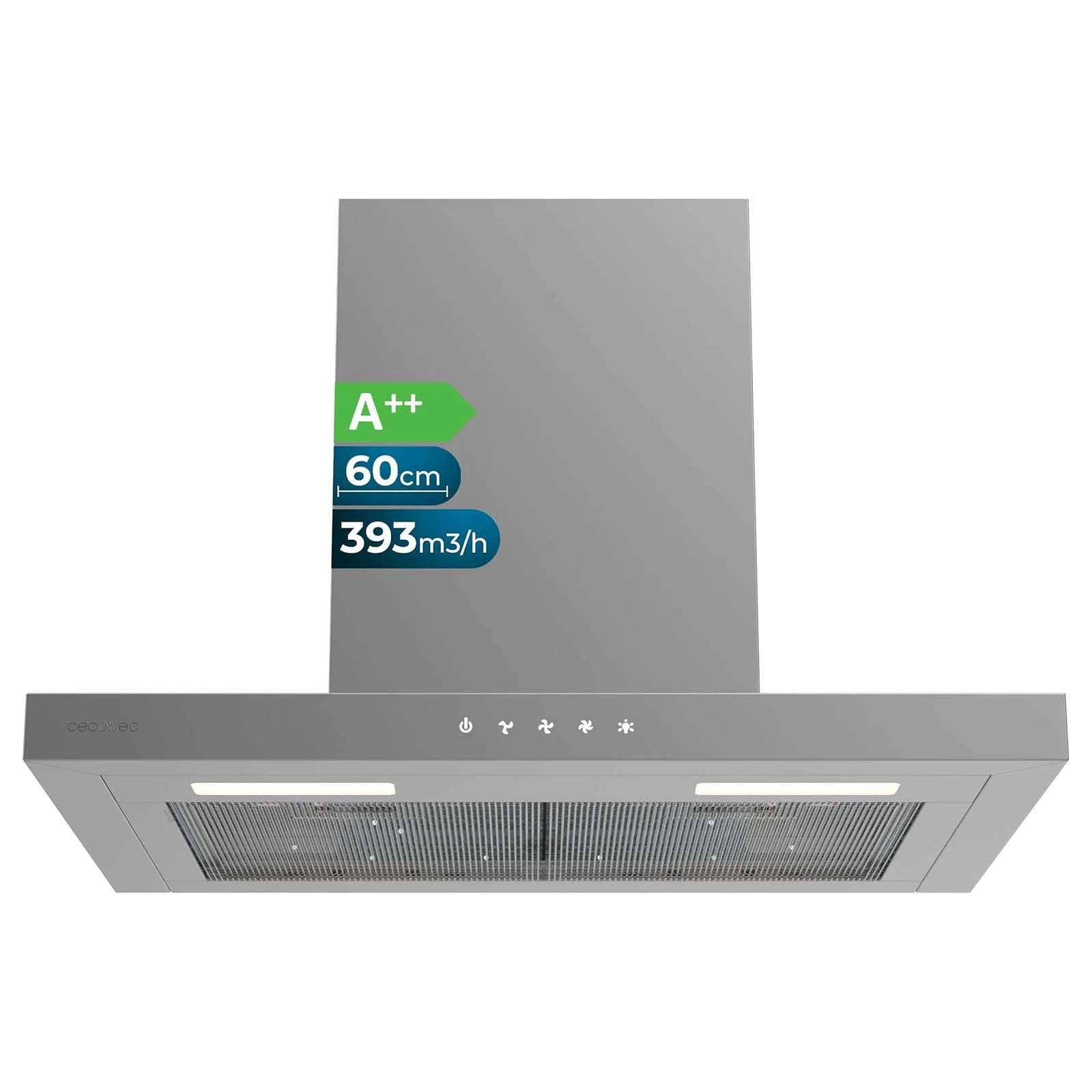 Cecotec Cappa cucina angolo 393m3 Cappa aspirante 60 cm Tipo T Bolero Flux TT 604000 Inox A++. Aspirazione /h, motore DC, 3 velocità, SS Touch Control, finitura inossidabile, luce LED, filtri in