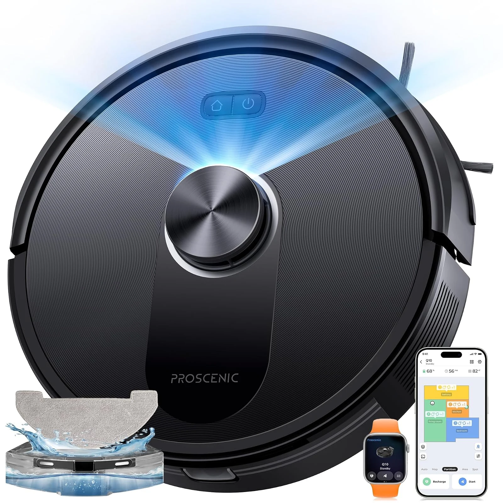 Proscenic Robot aspirapolvere 8000Pa Q10 Robot Aspirapolvere Lavapavimenti con Mappatura, Robot Pavimenti 200min, LiDAR Intelligente, Controllo APP/Alexa/WiFi/Siri/IFTTT, Ideale per Pulizia Domesti
