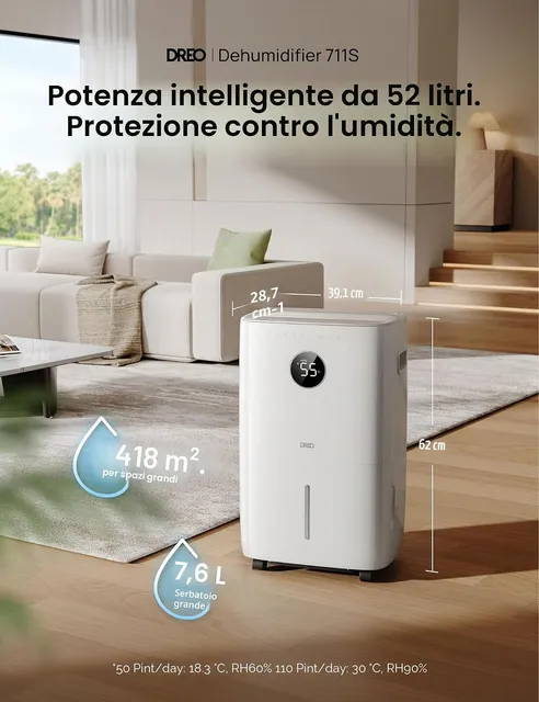 Dreo Deumidificatore 20L/24h Deumidificatore Casa Muffa , Alexa & WiFi, Tanica da 3.4L, Deumidificat