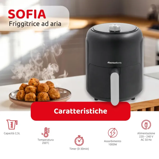Melchioni Robot da cucina 200°C Family SOFIA Friggitrice ad Aria 2,5L 1000W Riduzione Grassi 80% Ces