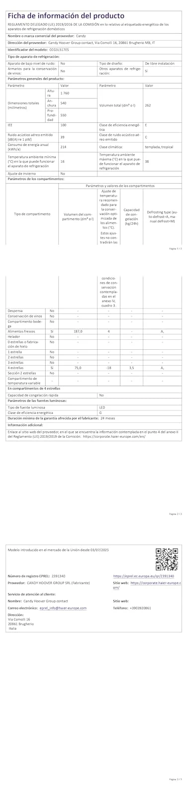 Candy Frigorifero sottobase CCG3L517ES Frigorifero Combi, 260L, Low Frost, 4 ripiani, 3 Balconiere,