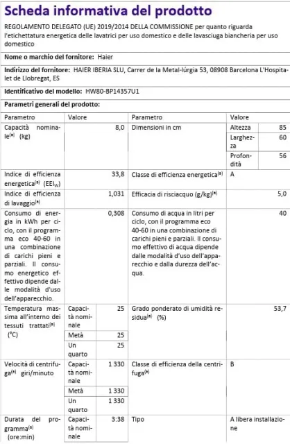 Haier Lavasciuga HW80-BP14357U-IT X Serie 5 Lavatrice 8 Kg, Libera Installazione, Carica Frontale, C