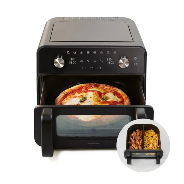 Panasonic Friggitrice ad aria NF-BC1000KXE Friggitrice ad Aria Flex con Finestra di Visualizzazione, XL Cestello Flessibile, Separatore Rimovibile, 9,6L, 30°-230°C, Vapore Delicato, 8 Preselezioni, Puliz