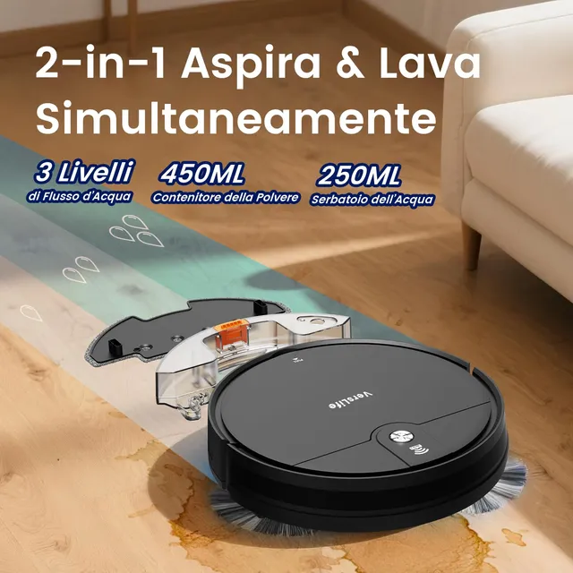 Vers Robot aspirapolvere 4000Pa VersLife L6 Robot Aspirapolvere e Lavapavimenti 2 in 1, Autonomia 12