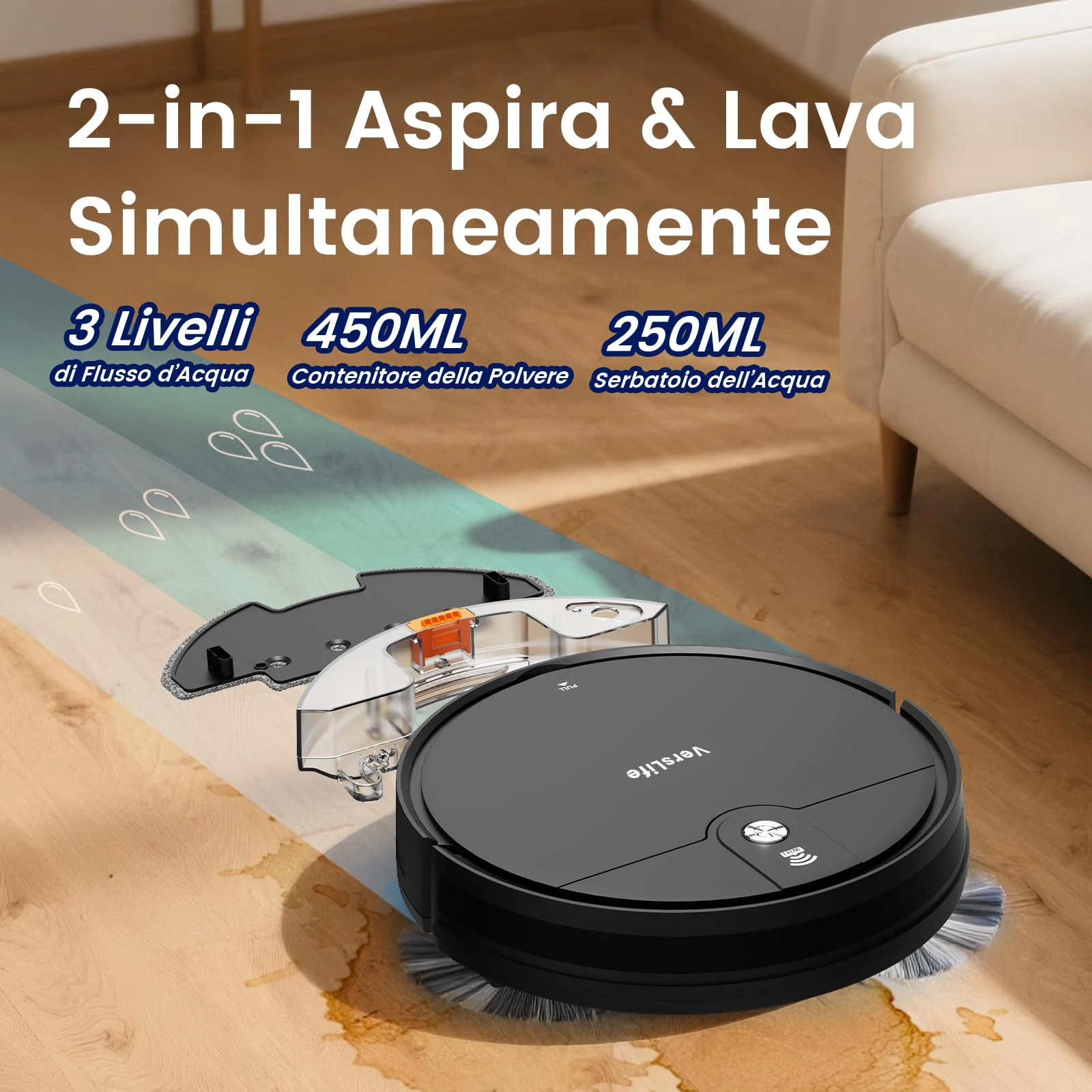 Vers Robot aspirapolvere 4000Pa VersLife L6 Robot Aspirapolvere e Lavapavimenti 2 in 1, Autonomia 12