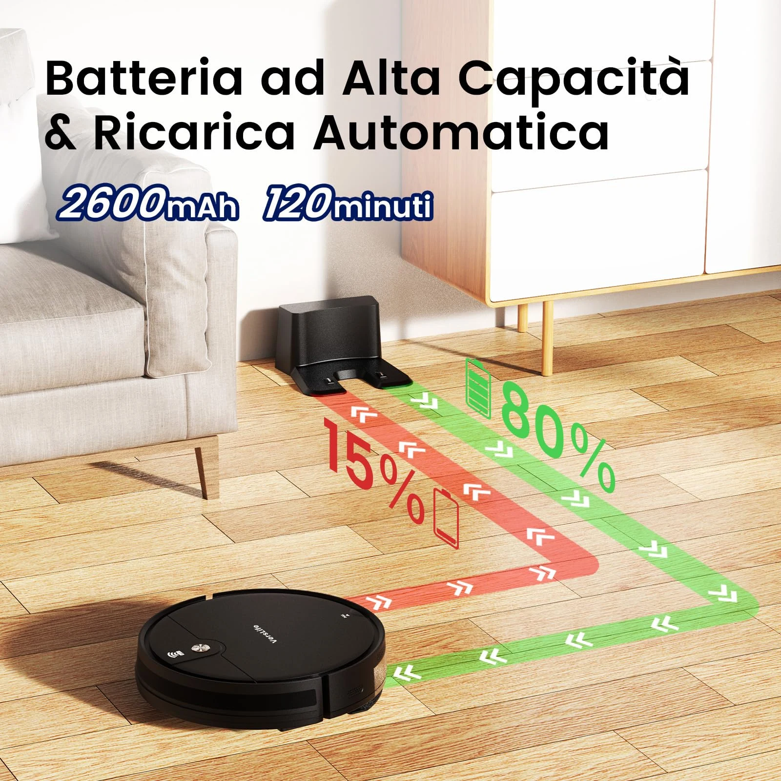 Vers Robot aspirapolvere 4000Pa VersLife L6 Robot Aspirapolvere e Lavapavimenti 2 in 1, Autonomia 12