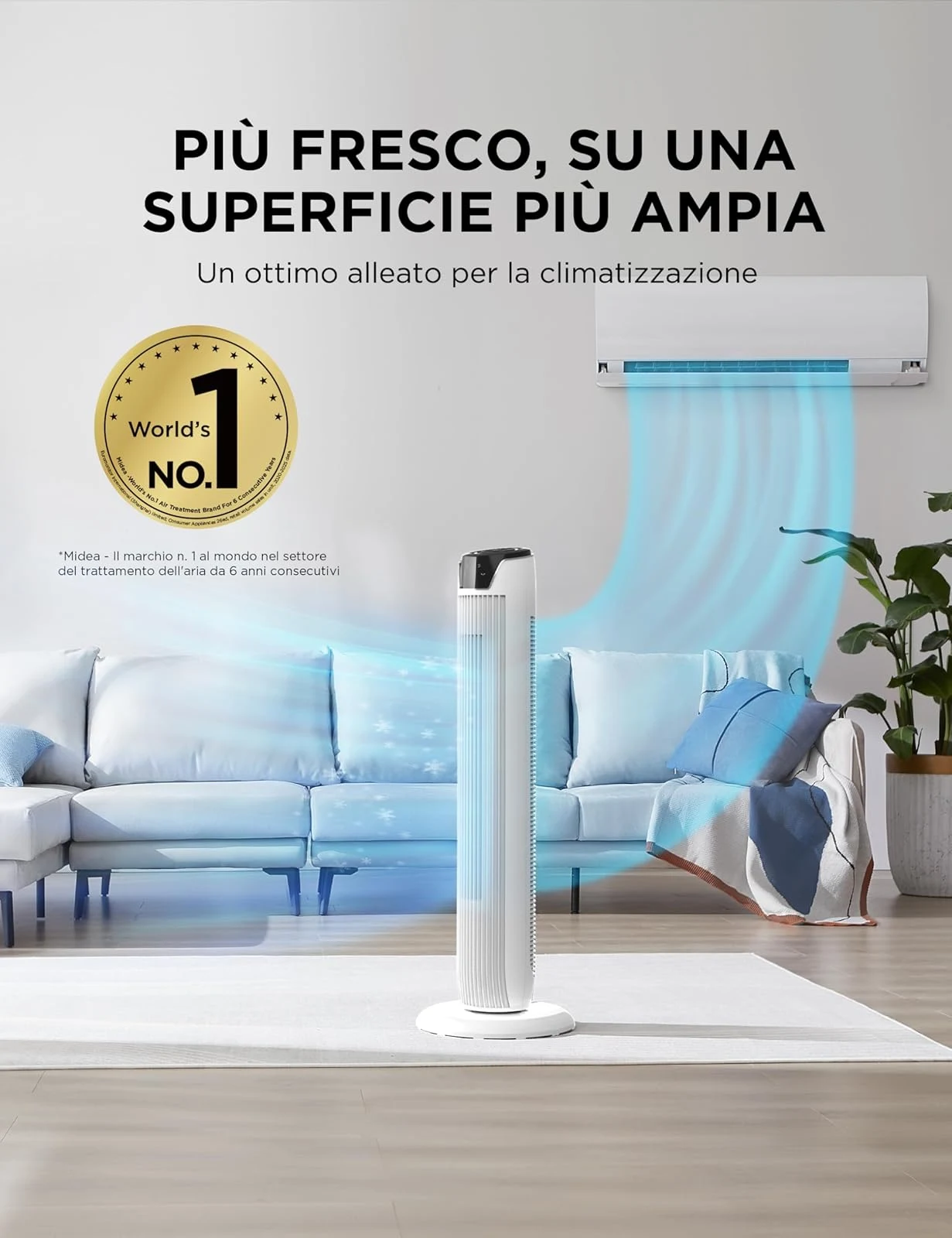 Midea Ventilatore FZ10-17JRSE(WH) Ventilatore Torre con Telecomando Flusso d’Aria 7 m/s, Oscillazion