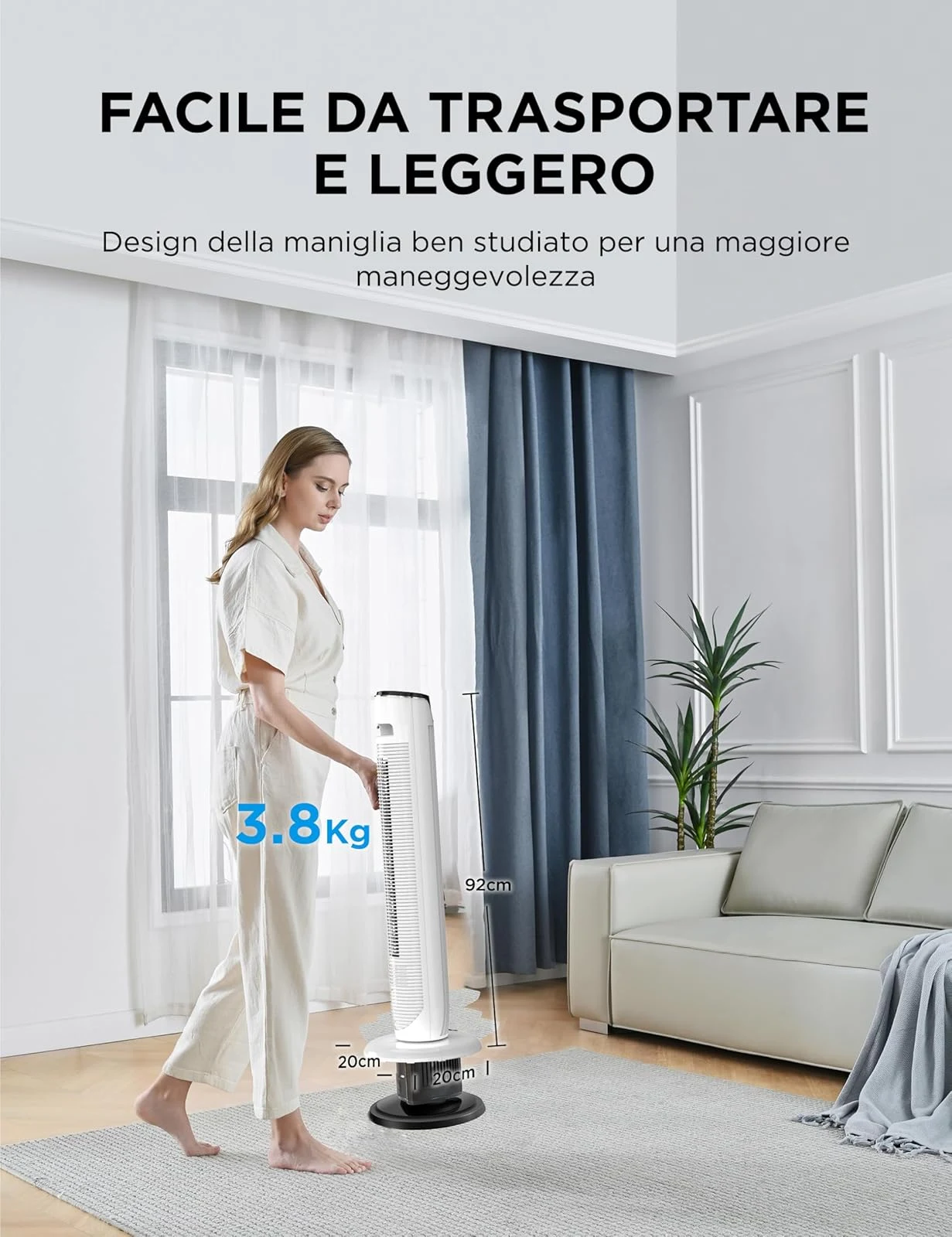 Midea Ventilatore FZ10-17JRSE(WH) Ventilatore Torre con Telecomando Flusso d’Aria 7 m/s, Oscillazion