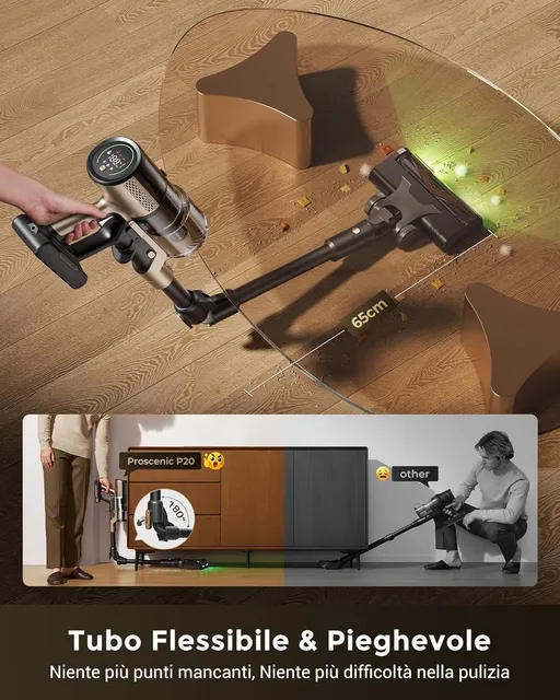 Proscenic Aspirapolvere cordless P20+ Aspirapolvere Senza Fili Potente 680W/70 Min/70000Pa, Scopa El