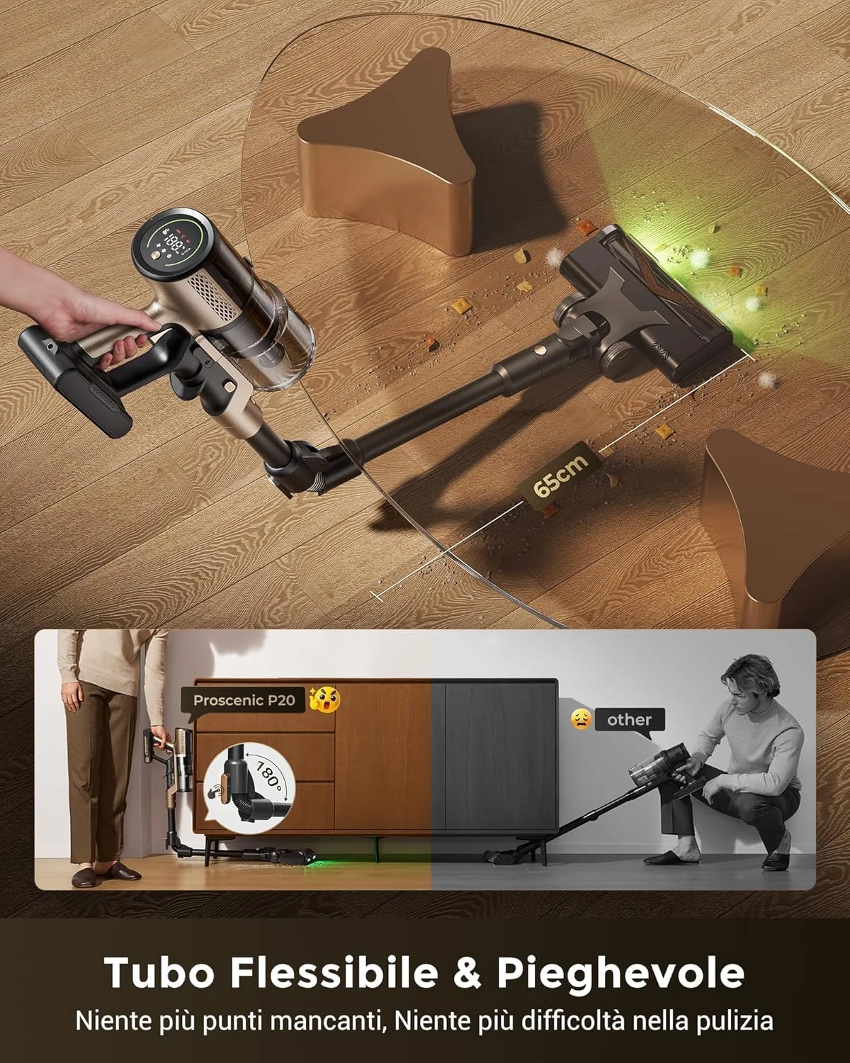 Proscenic Aspirapolvere cordless P20+ Aspirapolvere Senza Fili Potente 680W/70 Min/70000Pa, Scopa El
