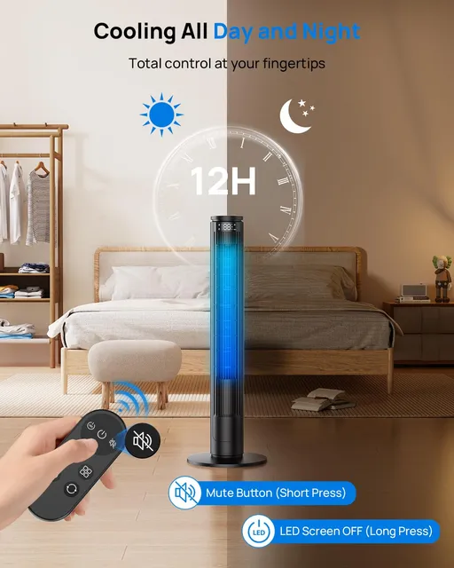 Ventilatore 92cm a Torre con Schermo LED Regolabile (Spegnimento Totale) e Telecomando con Tasto Mut