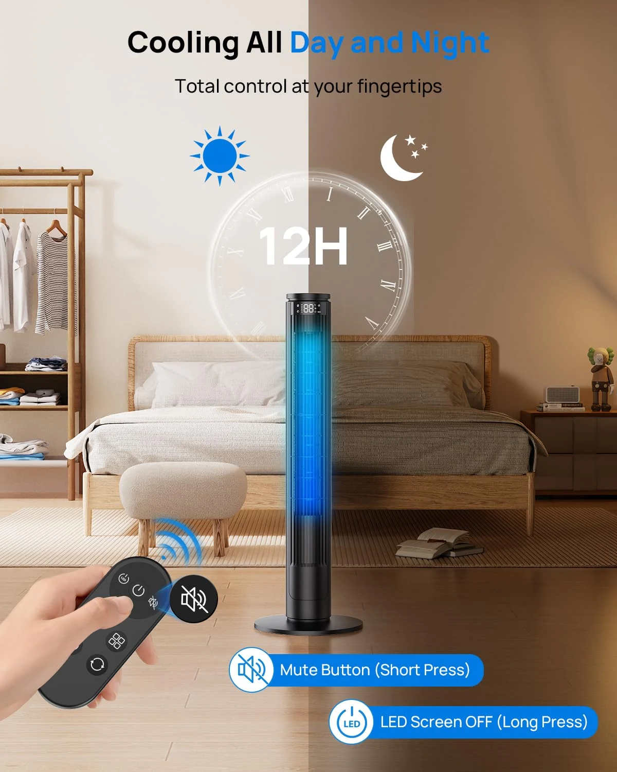 Ventilatore 92cm a Torre con Schermo LED Regolabile (Spegnimento Totale) e Telecomando con Tasto Mut