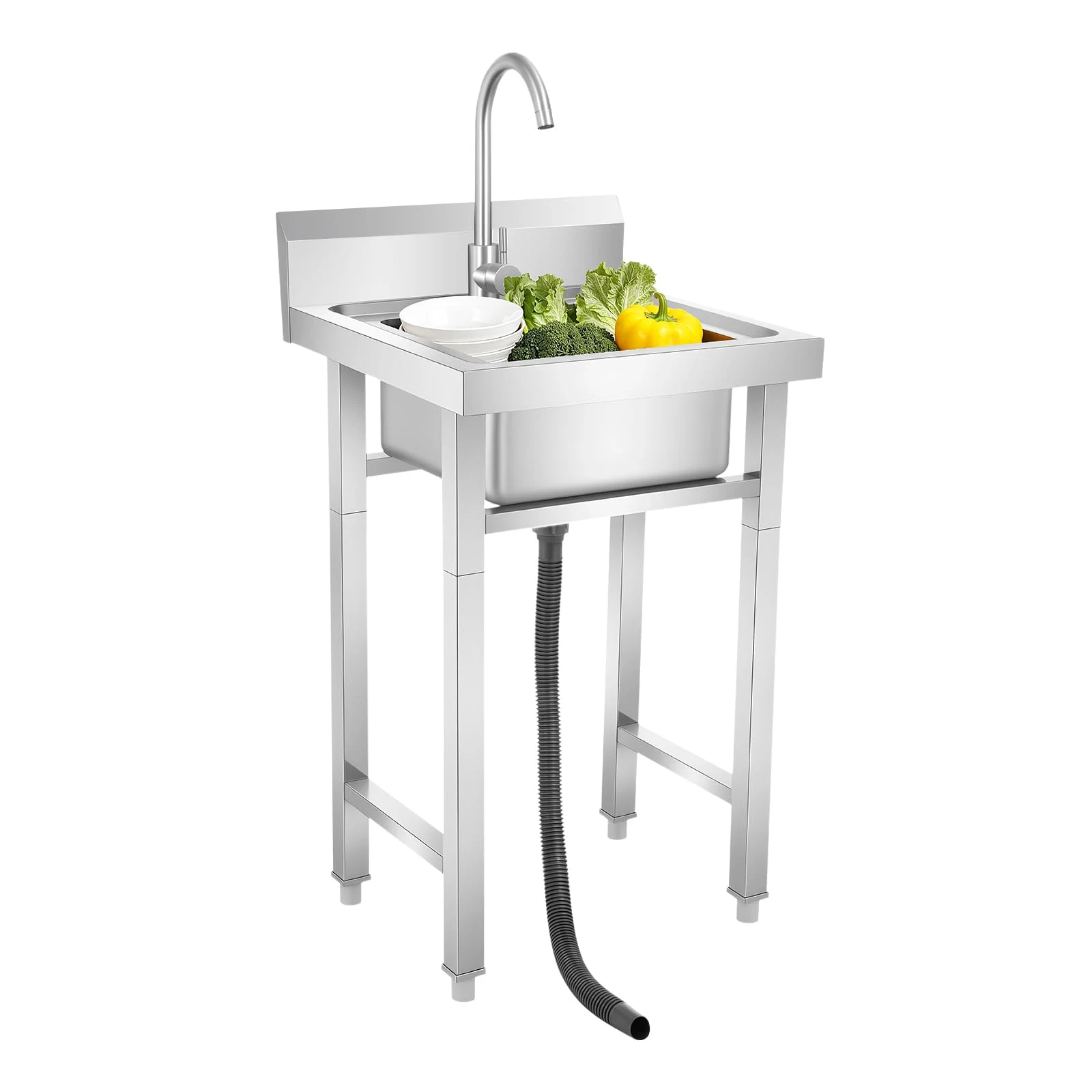 Lavandino Lavello all'aperto da cucina in acciaio inox, autoportante con Faucet girevole a 360°, 50 x 50 x 93 cm, lavello commerciale per lavanderia, cucina