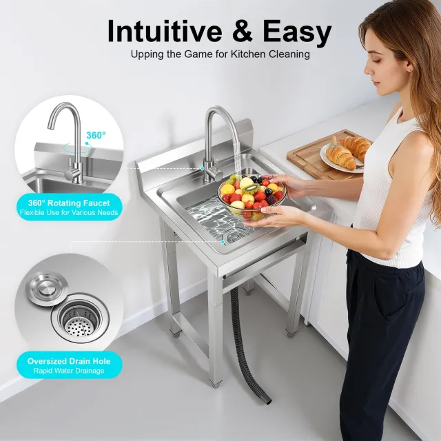 Lavandino Lavello all'aperto da cucina in acciaio inox, autoportante con Faucet girevole a 360°